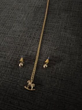 Gold Rocking Horse Pendant Necklace with Matching Stud Earrings